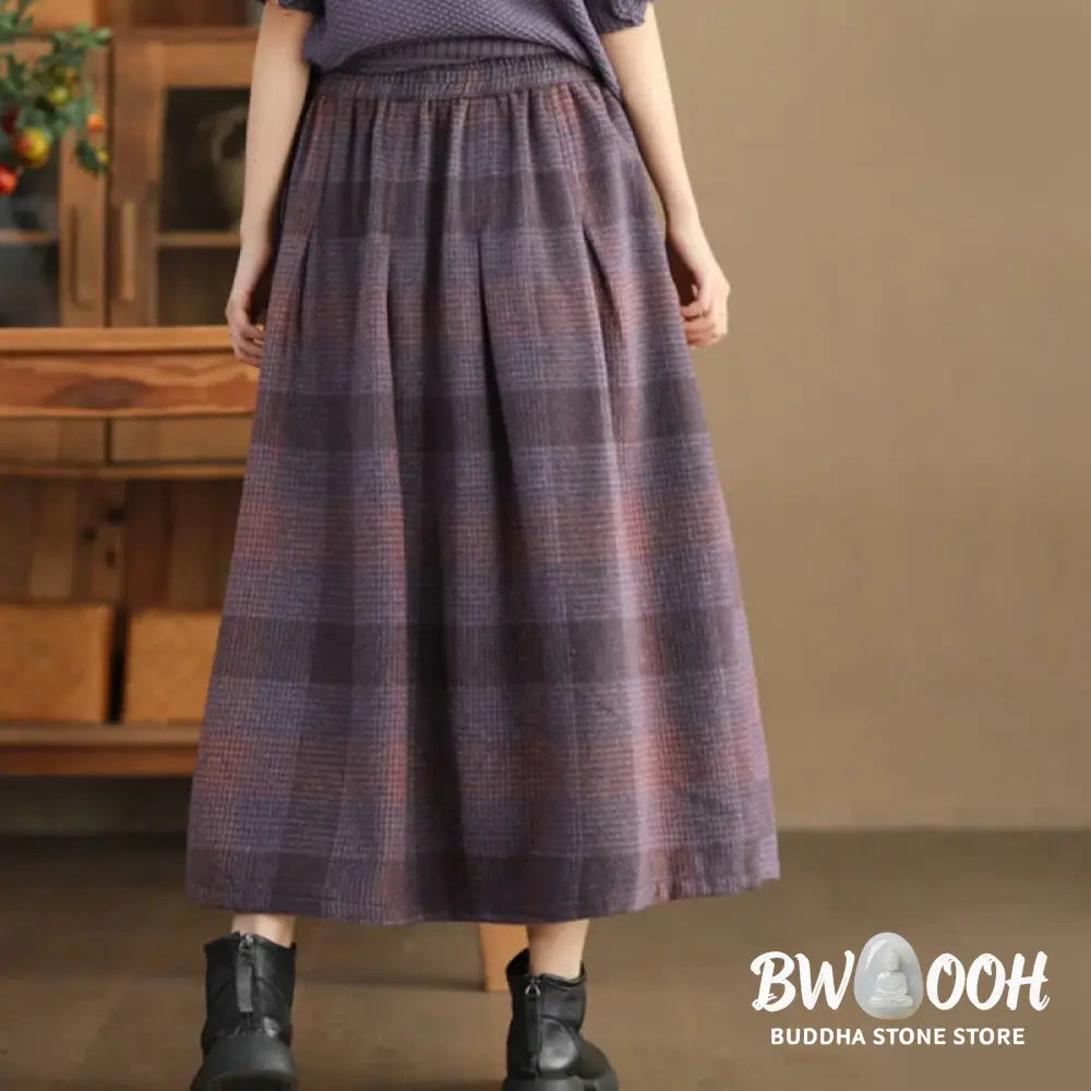 Buddha Stones Women’s Winter Plaid Pattern Cotton Thermal 7-8 Length Skirt With Pockets - Skirt