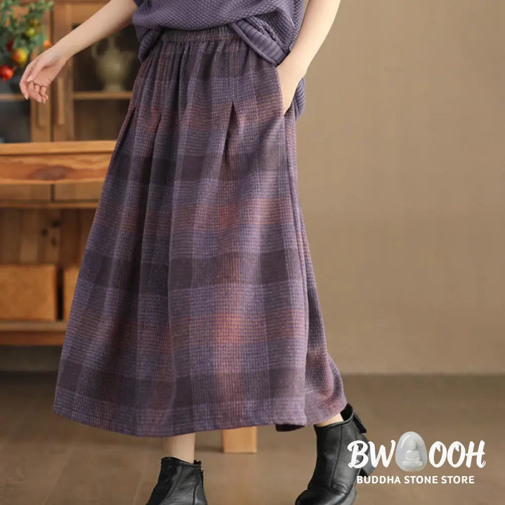 Buddha Stones Women’s Winter Plaid Pattern Cotton Thermal 7-8 Length Skirt With Pockets - Skirt