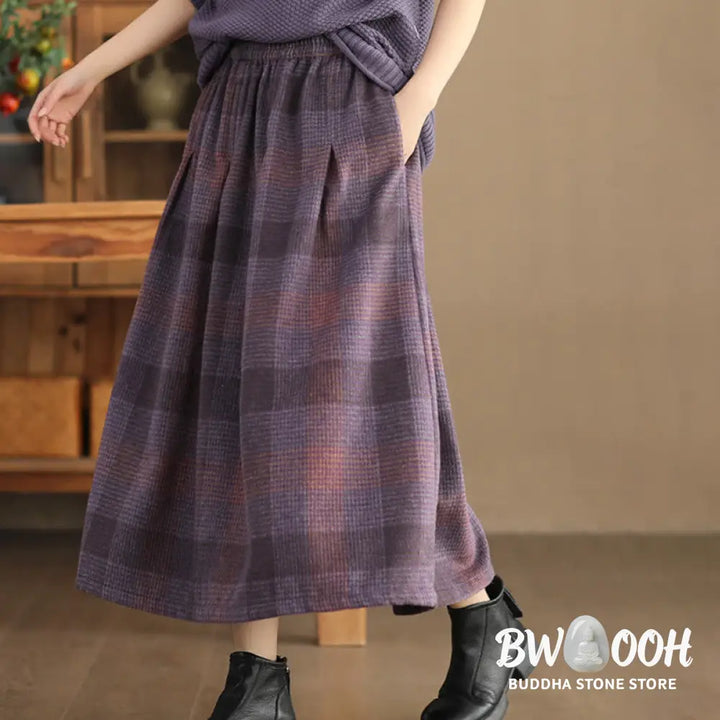 Buddha Stones Women’s Winter Plaid Pattern Cotton Thermal 7-8 Length Skirt With Pockets - Skirt