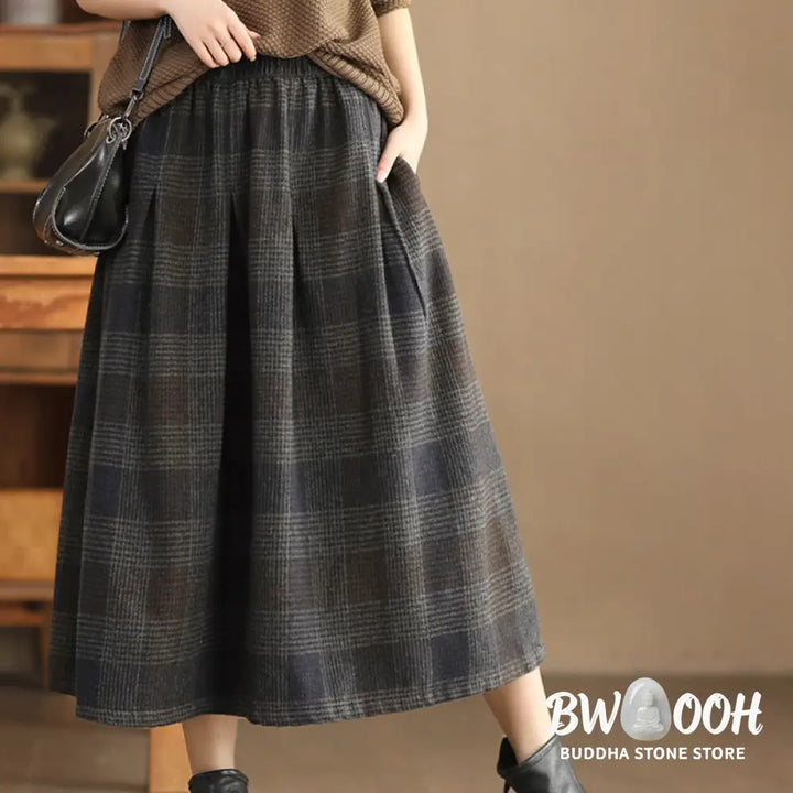Buddha Stones Women’s Winter Plaid Pattern Cotton Thermal 7-8 Length Skirt With Pockets - Skirt