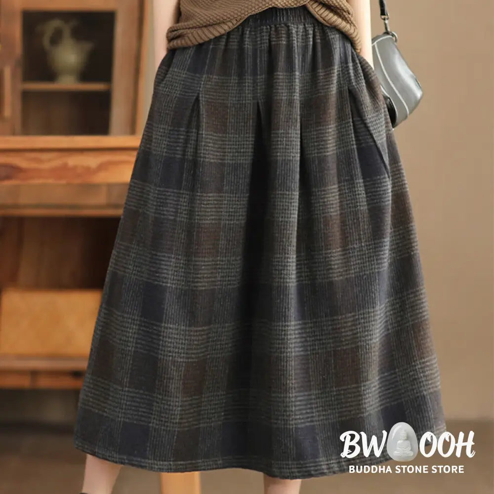Buddha Stones Women’s Winter Plaid Pattern Cotton Thermal 7-8 Length Skirt With Pockets - Skirt