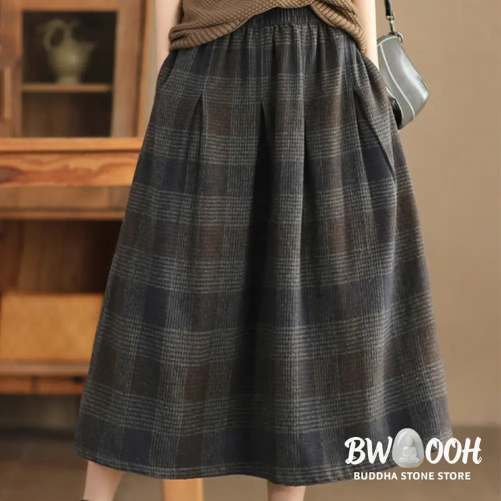Buddha Stones Women’s Winter Plaid Pattern Cotton Thermal 7-8 Length Skirt With Pockets - Skirt