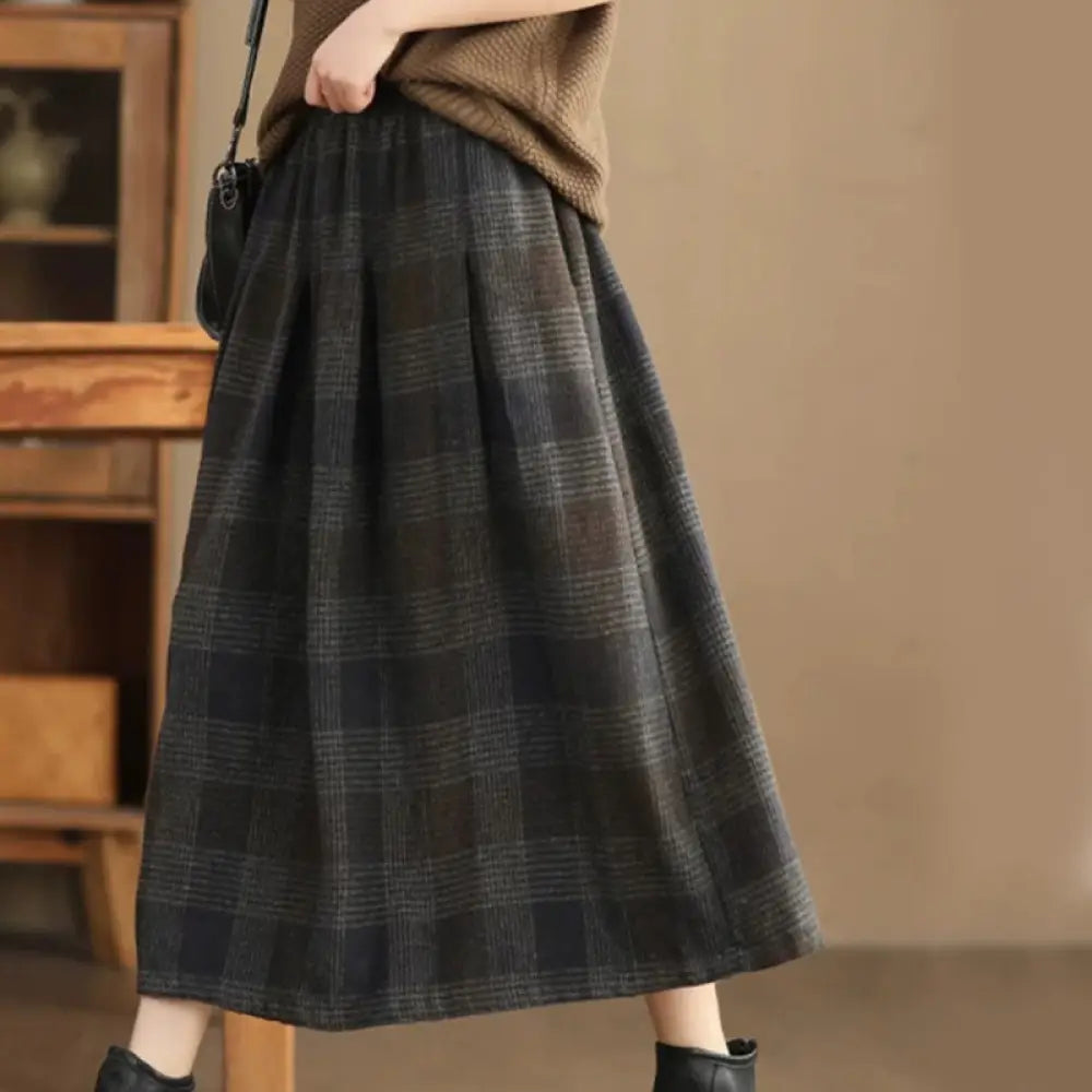 Buddha Stones Women’s Winter Plaid Pattern Cotton Thermal 7-8 Length Skirt With Pockets - Gray / US4，UK/AU8，EU36 (L)
