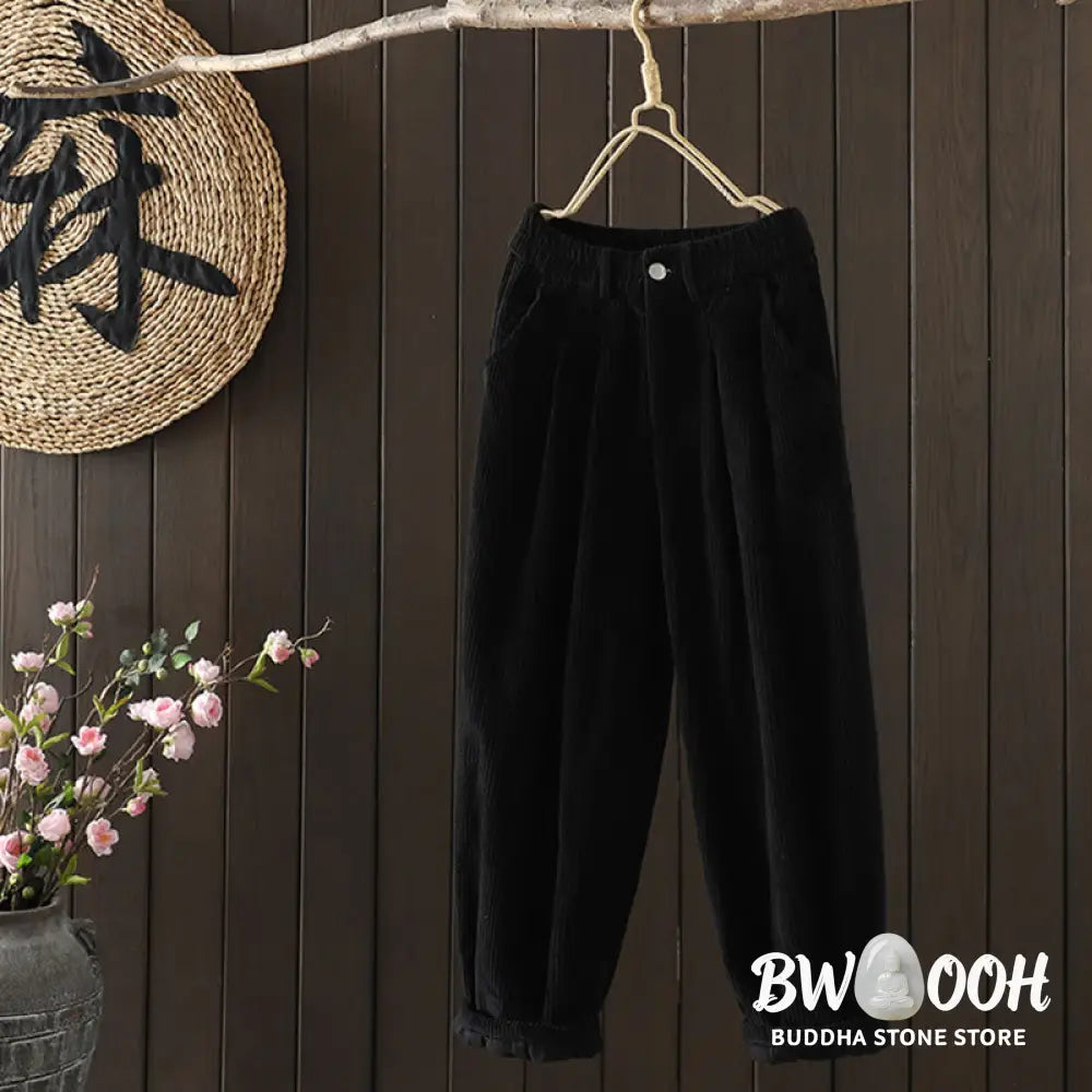 Buddha Stones Women’s Winter Plain Corduroy Cotton High Waist Fleece-Lined Harem Pants With Pockets - Women’s Harem