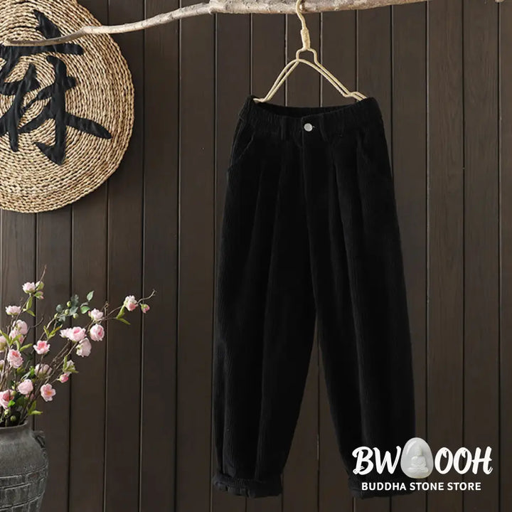 Buddha Stones Women’s Winter Plain Corduroy Cotton High Waist Fleece-Lined Harem Pants With Pockets - Women’s Harem