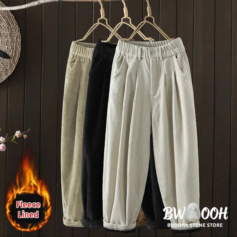 Buddha Stones Women’s Winter Plain Corduroy Cotton High Waist Fleece-Lined Harem Pants With Pockets - Women’s Harem