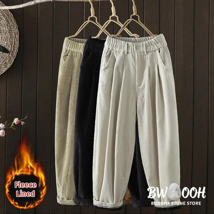 Buddha Stones Women’s Winter Plain Corduroy Cotton High Waist Fleece-Lined Harem Pants With Pockets - Women’s Harem