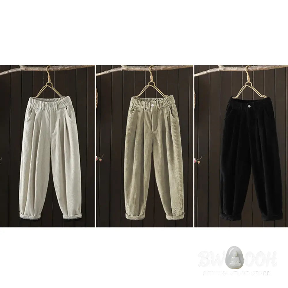 Buddha Stones Women’s Winter Plain Corduroy Cotton High Waist Fleece-Lined Harem Pants With Pockets - Women’s Harem