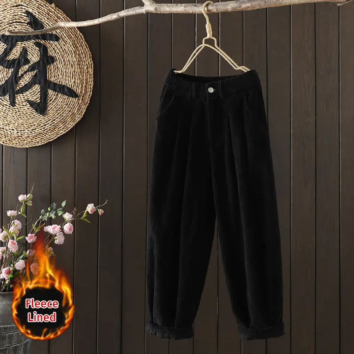 Buddha Stones Women’s Winter Plain Corduroy Cotton High Waist Fleece-Lined Harem Pants With Pockets - Black