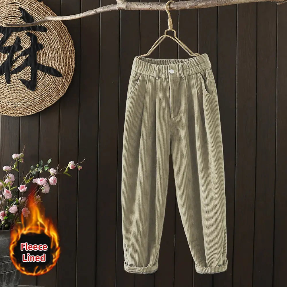 Buddha Stones Women’s Winter Plain Corduroy Cotton High Waist Fleece-Lined Harem Pants With Pockets - Tan