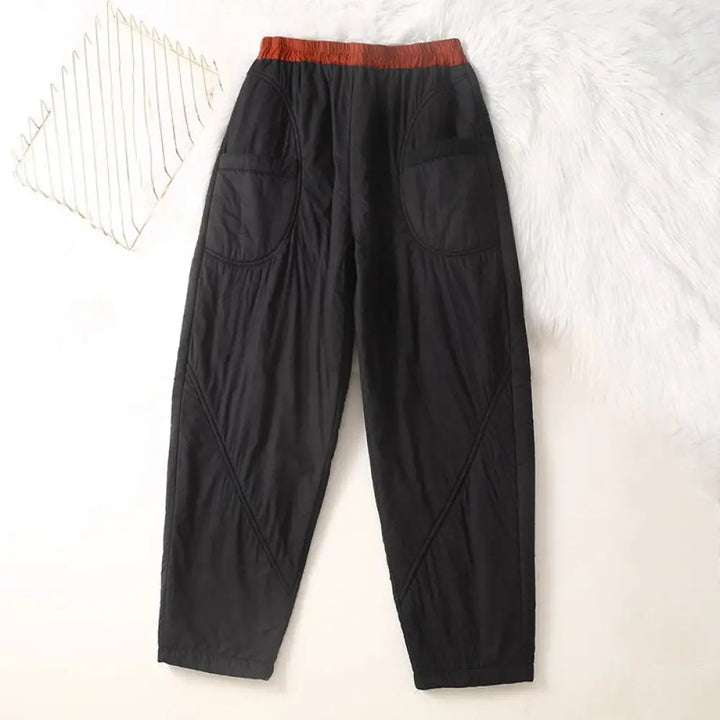 Buddha Stones Women’s Winter Plain Elastic Waist Design Thickened Harem Pants With Pockets - Black / US4，UK/AU8，EU36
