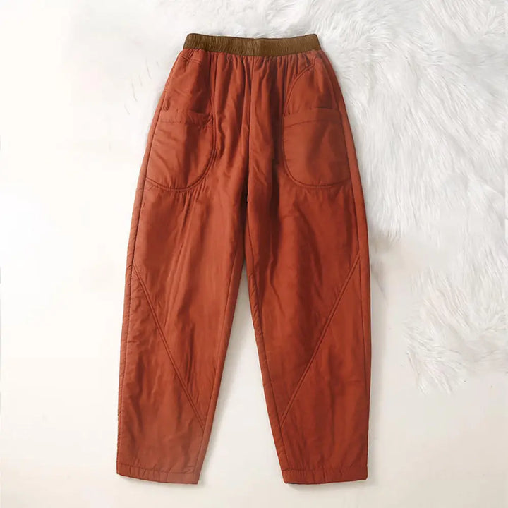Buddha Stones Women’s Winter Plain Elastic Waist Design Thickened Harem Pants With Pockets - OrangeRed