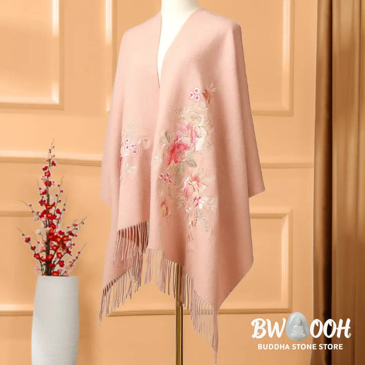 Buddha Stones Wool Shawl Red Flower Leaves Embroidery Tassel Winter Cozy Travel Scarf Wrap - Shawl