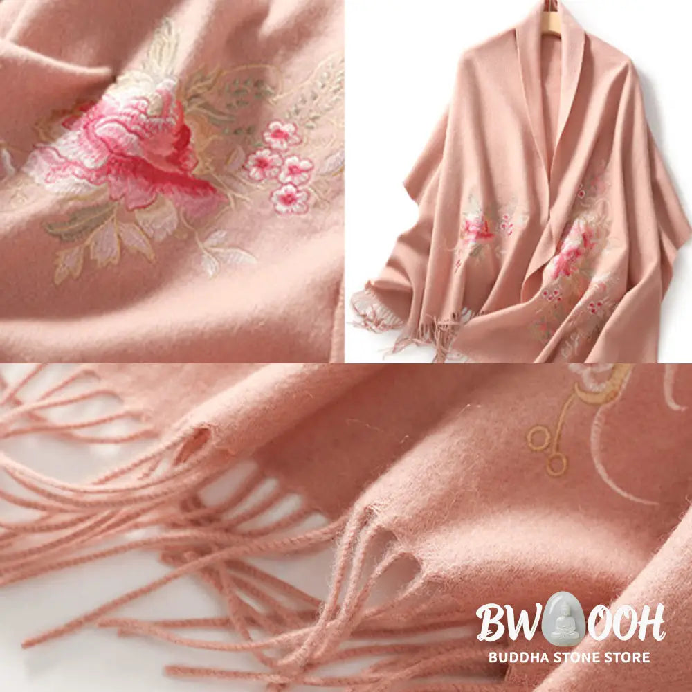 Buddha Stones Wool Shawl Red Flower Leaves Embroidery Tassel Winter Cozy Travel Scarf Wrap - Shawl