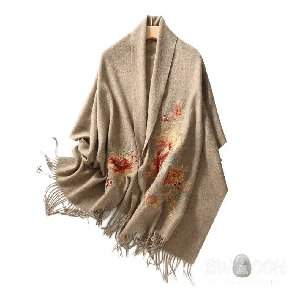 Buddha Stones Wool Shawl Red Flower Leaves Embroidery Tassel Winter Cozy Travel Scarf Wrap - Shawl