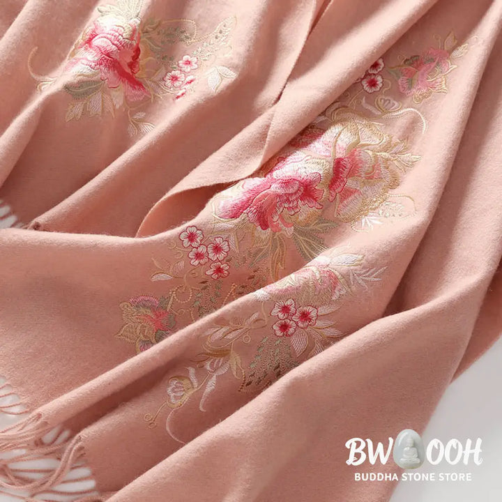Buddha Stones Wool Shawl Red Flower Leaves Embroidery Tassel Winter Cozy Travel Scarf Wrap - Shawl