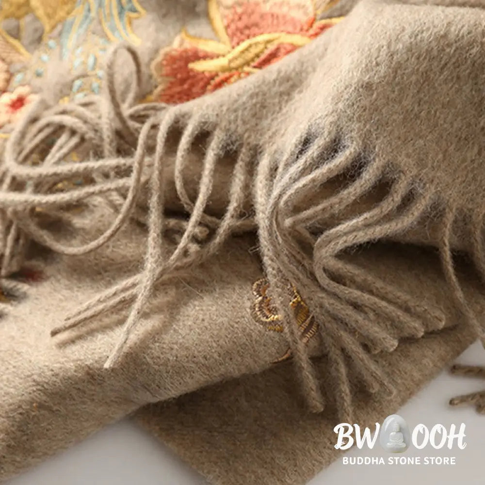 Buddha Stones Wool Shawl Red Flower Leaves Embroidery Tassel Winter Cozy Travel Scarf Wrap - Shawl