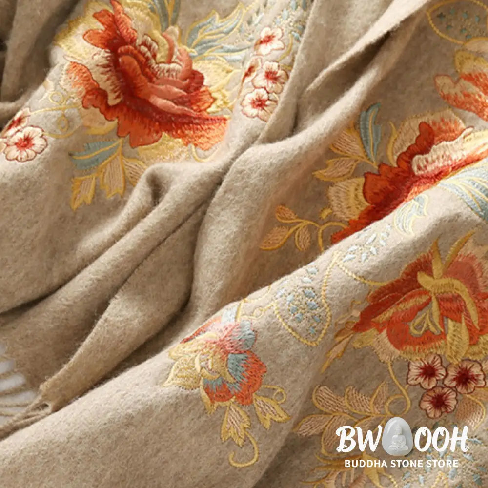Buddha Stones Wool Shawl Red Flower Leaves Embroidery Tassel Winter Cozy Travel Scarf Wrap - Shawl