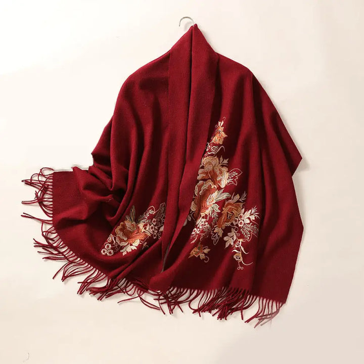 Buddha Stones Wool Shawl Red Flower Leaves Embroidery Tassel Winter Cozy Travel Scarf Wrap - FireBrick / 200*60cm