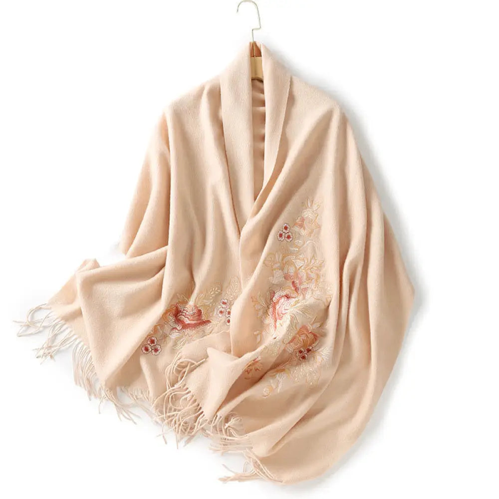 Buddha Stones Wool Shawl Red Flower Leaves Embroidery Tassel Winter Cozy Travel Scarf Wrap - PeachPuff / 200*60cm