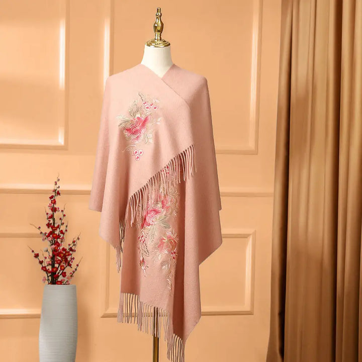 BWOOOH Wool Shawl Red Flower Leaves Embroidery Tassel Win