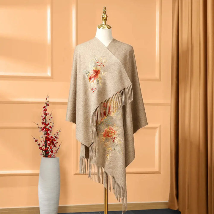 Buddha Stones Wool Shawl Red Flower Leaves Embroidery Tassel Winter Cozy Travel Scarf Wrap - Tan / 200*60cm - Shawl