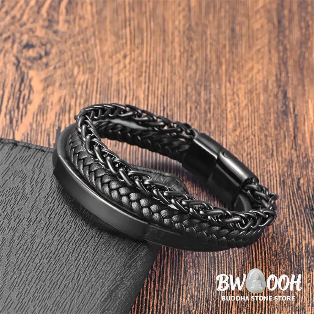 Buddha Stones Woven Pattern Titanium Steel Stimulation Multi-layer Leather Buckle Bracelet - BWOOOH - Bracelet