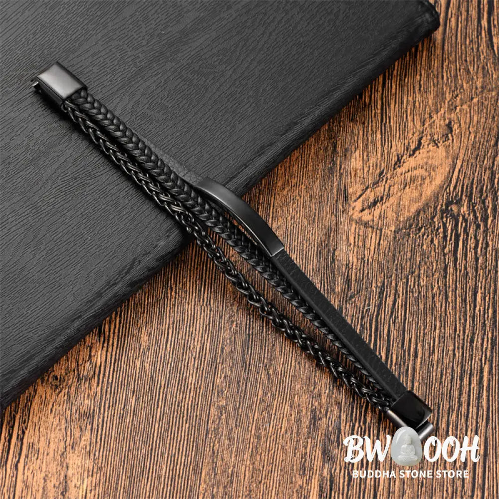 Buddha Stones Woven Pattern Titanium Steel Stimulation Multi-layer Leather Buckle Bracelet - BWOOOH - Bracelet