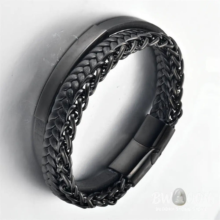 Buddha Stones Woven Pattern Titanium Steel Stimulation Multi-layer Leather Buckle Bracelet - BWOOOH - Bracelet