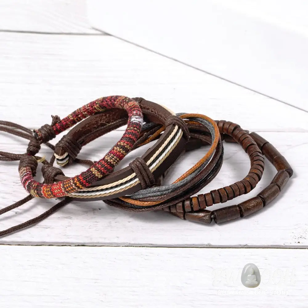 Buddha Stones Wrap Hemp Cords Wood Beads Leather Bracelet - BWOOOH - Classic Style - Bracelet