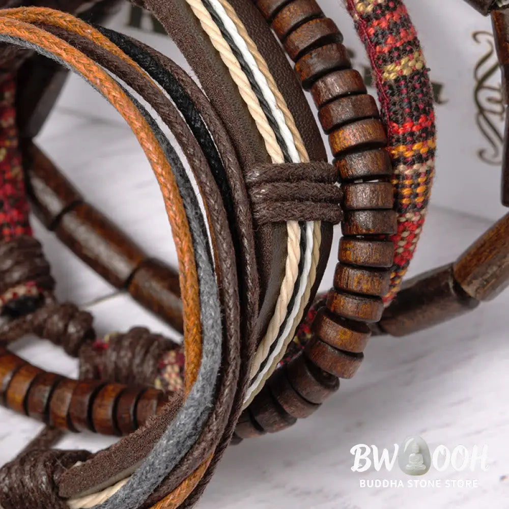 Buddha Stones Wrap Hemp Cords Wood Beads Leather Bracelet - BWOOOH - Classic Style - Bracelet