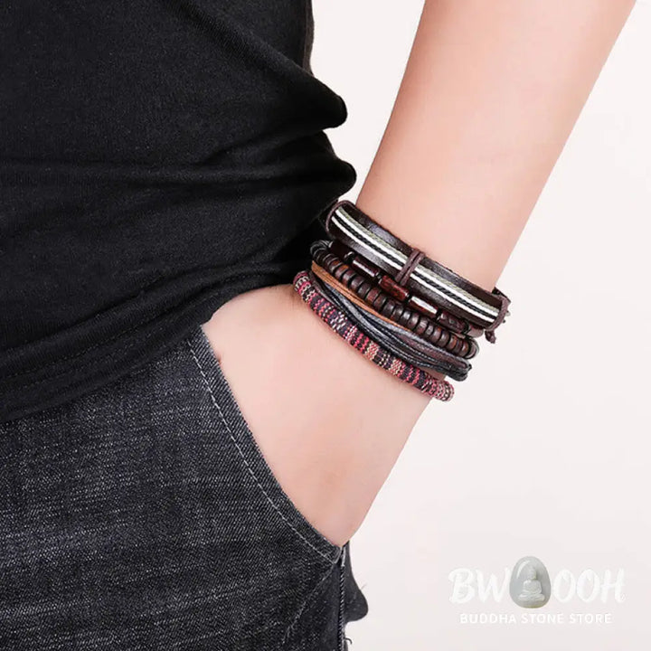 Buddha Stones Wrap Hemp Cords Wood Beads Leather Bracelet - BWOOOH - Classic Style - Bracelet