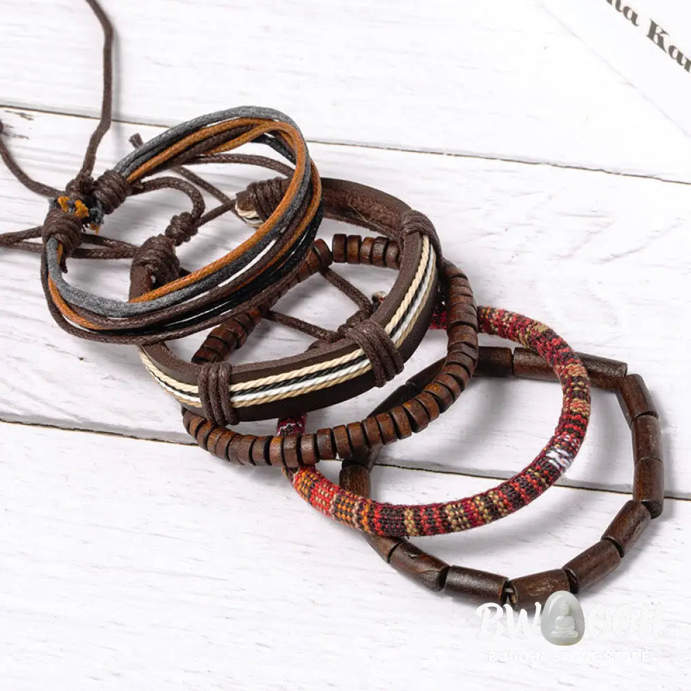 Buddha Stones Wrap Hemp Cords Wood Beads Leather Bracelet - BWOOOH - Classic Style - Bracelet