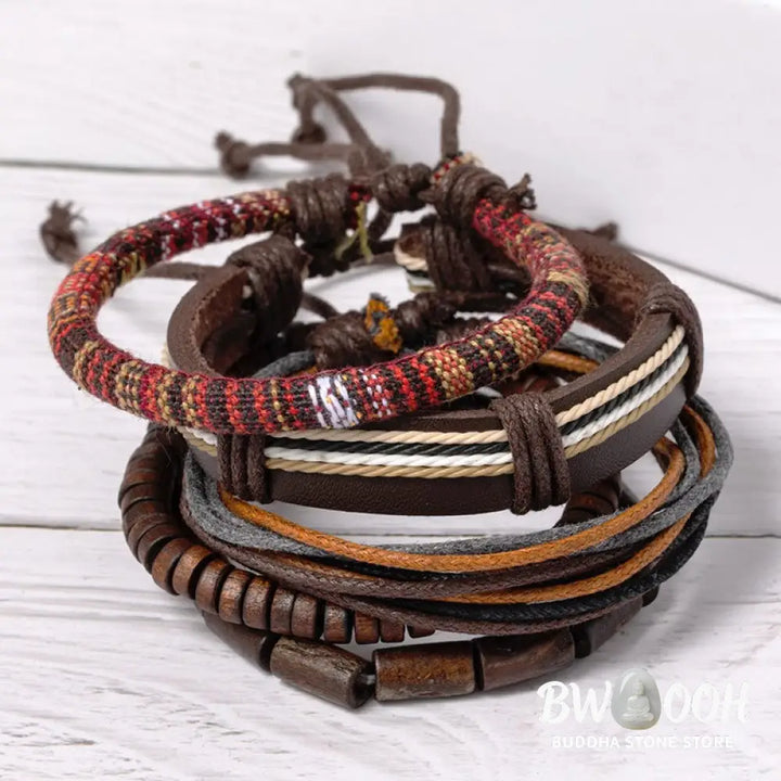 Buddha Stones Wrap Hemp Cords Wood Beads Leather Bracelet - BWOOOH - Classic Style - Bracelet