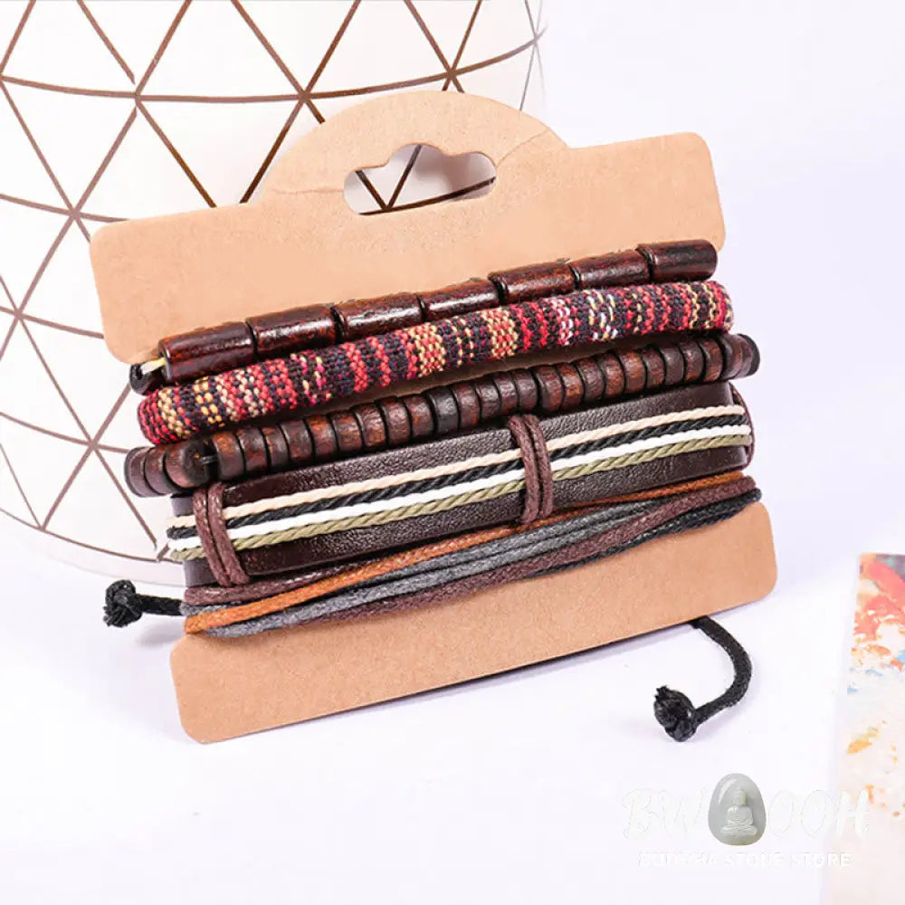 Buddha Stones Wrap Hemp Cords Wood Beads Leather Bracelet - BWOOOH - Classic Style - Bracelet