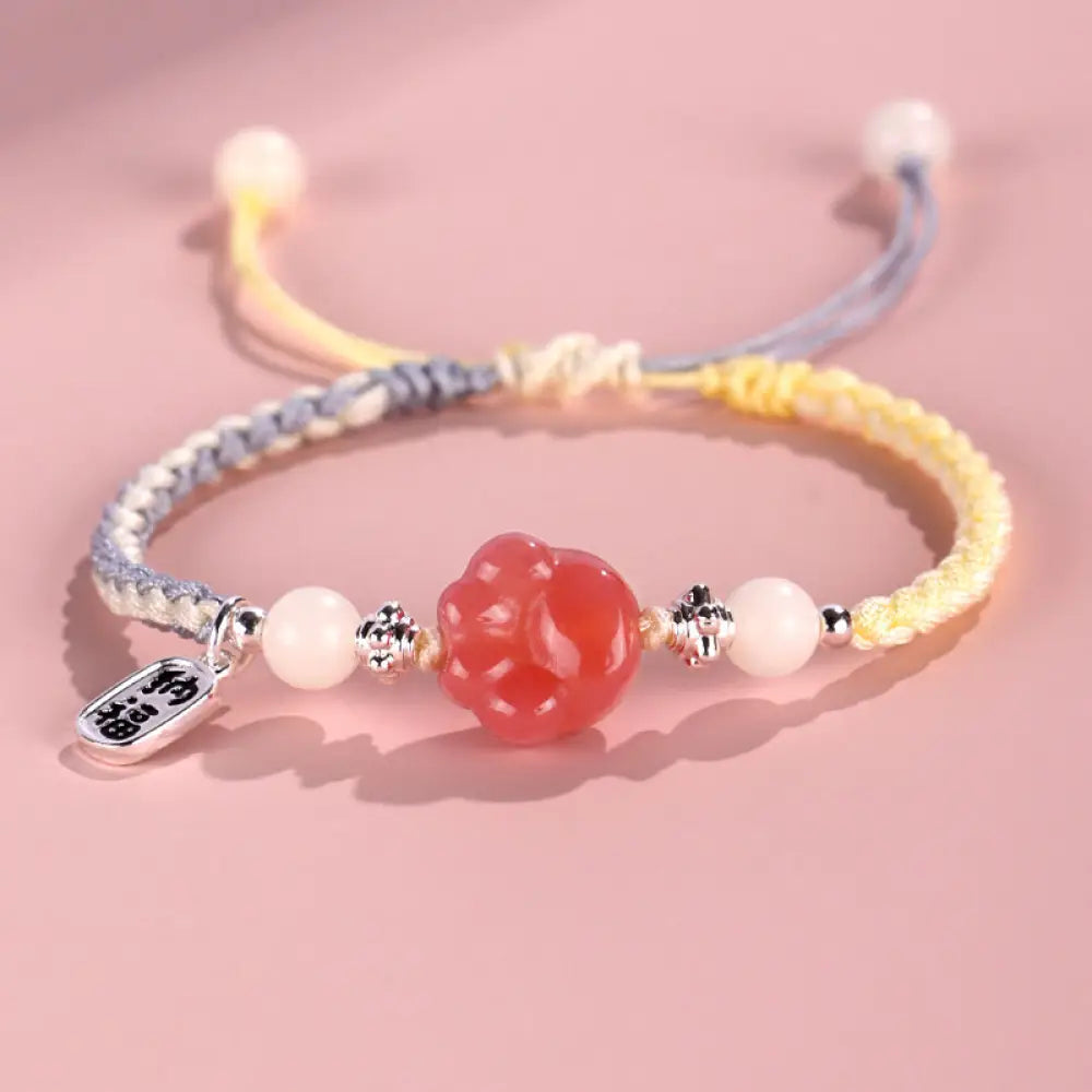 Buddha Stones Yanyuan Agate Cat Claw Paw White Bodhi Seed Fu Character Positive Braided Rope Bracelet - BWOOOH - Yellow