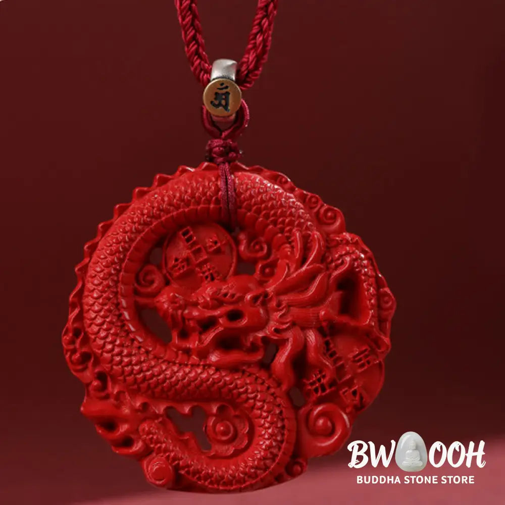 Buddha Stones Year of the Dragon 925 Sterling Silver Natural Cinnabar Copper Coin Luck Necklace Pendant - BWOOOH
