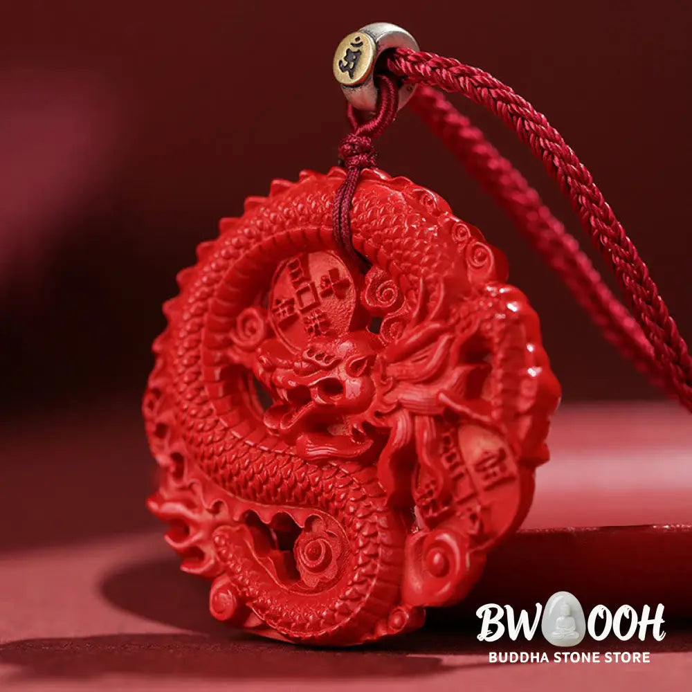 Buddha Stones Year of the Dragon 925 Sterling Silver Natural Cinnabar Copper Coin Luck Necklace Pendant - BWOOOH