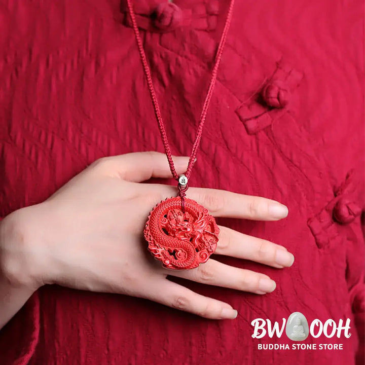 Buddha Stones Year of the Dragon 925 Sterling Silver Natural Cinnabar Copper Coin Luck Necklace Pendant - BWOOOH