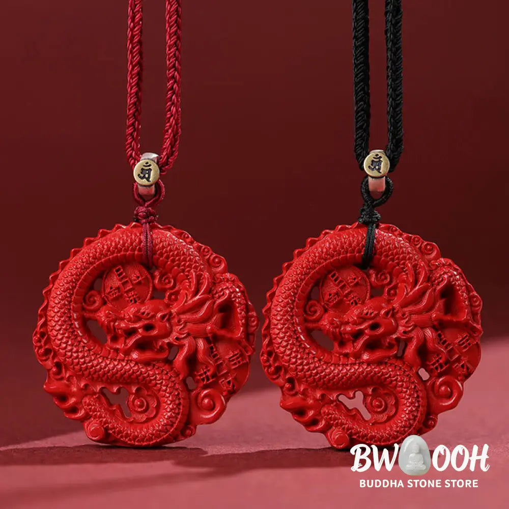 Buddha Stones Year of the Dragon 925 Sterling Silver Natural Cinnabar Copper Coin Luck Necklace Pendant - BWOOOH