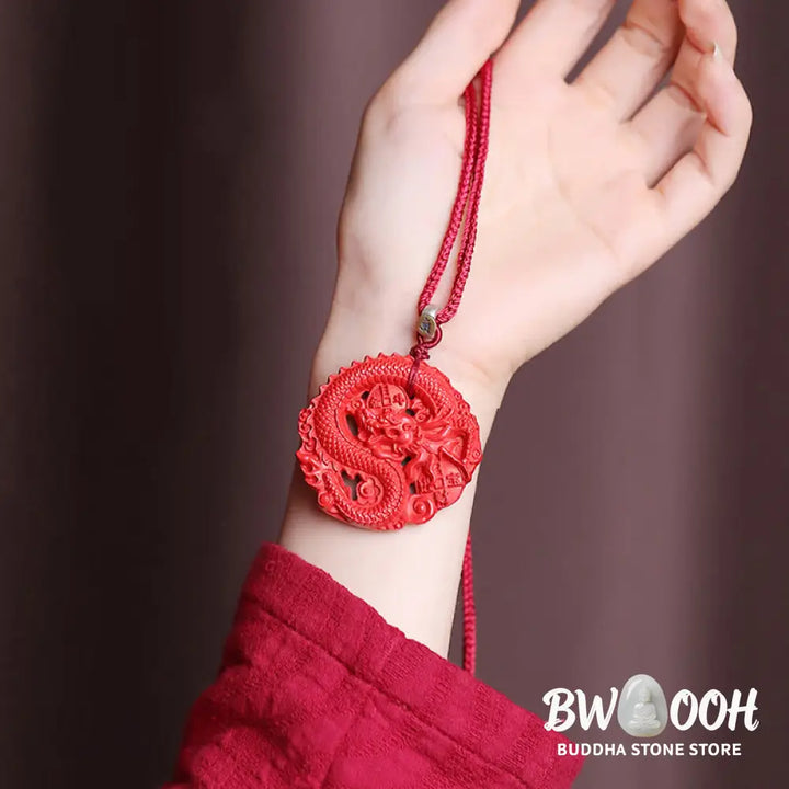 Buddha Stones Year of the Dragon 925 Sterling Silver Natural Cinnabar Copper Coin Luck Necklace Pendant - BWOOOH