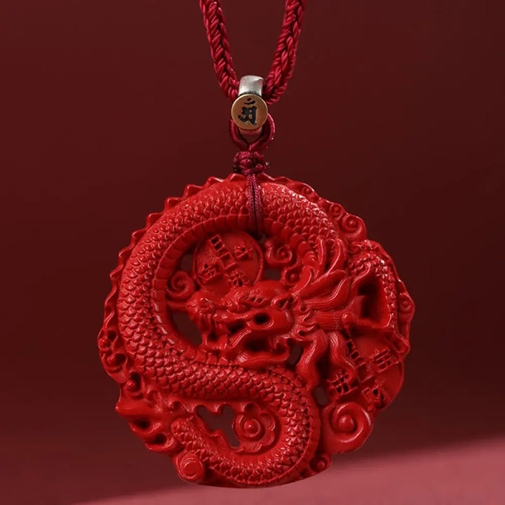 Buddha Stones Year of the Dragon 925 Sterling Silver Natural Cinnabar Copper Coin Luck Necklace Pendant - BWOOOH - Red