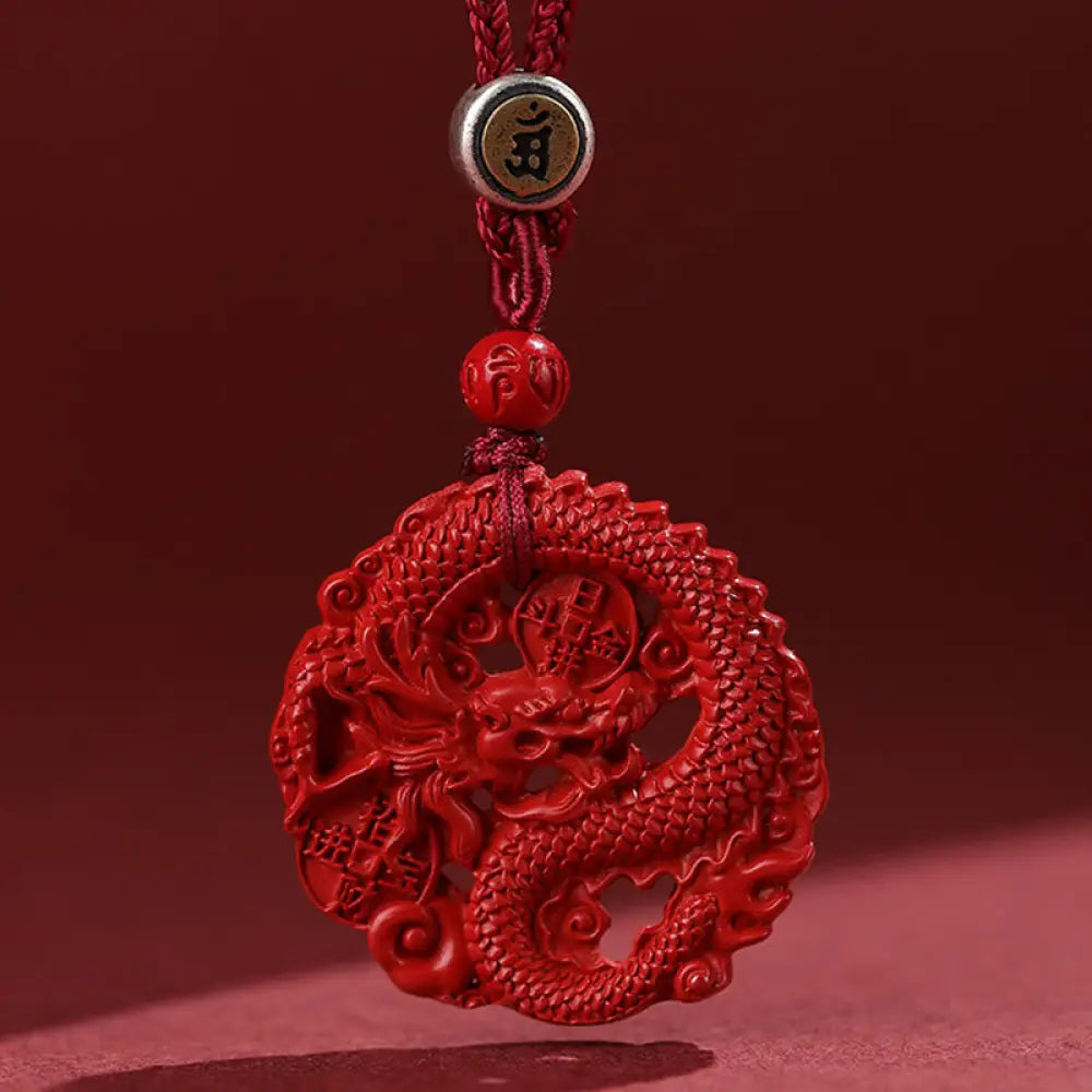 Buddha Stones Year of the Dragon 925 Sterling Silver Natural Cinnabar Copper Coin Luck Necklace Pendant - BWOOOH - Red