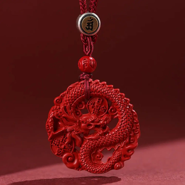 Buddha Stones Year of the Dragon 925 Sterling Silver Natural Cinnabar Copper Coin Luck Necklace Pendant - BWOOOH - Red