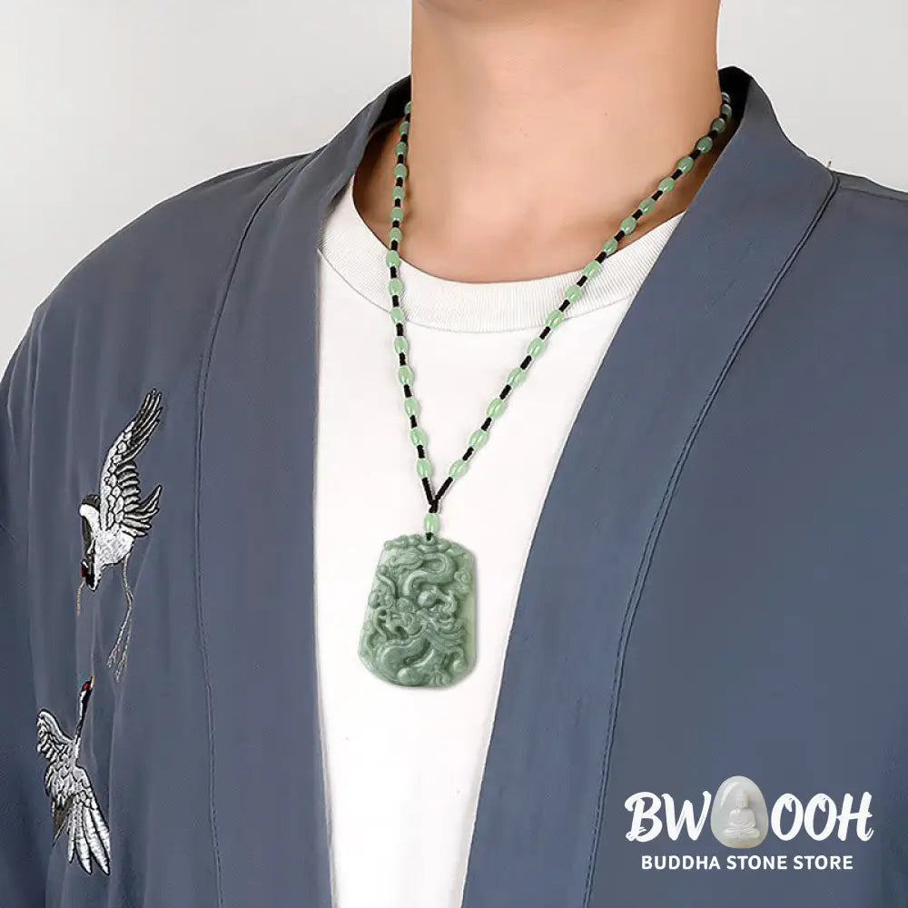 Buddha Stones Year Of The Dragon Chinese Zodiac Dragon Soaring Jade Protection Bead Chain Necklace Pendant - BWOOOH