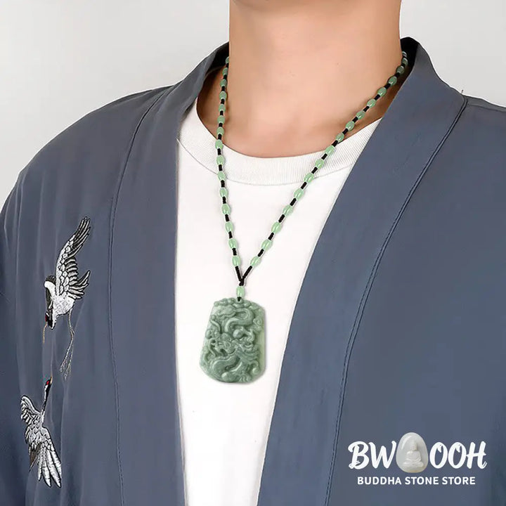 Buddha Stones Year Of The Dragon Chinese Zodiac Dragon Soaring Jade Protection Bead Chain Necklace Pendant - BWOOOH