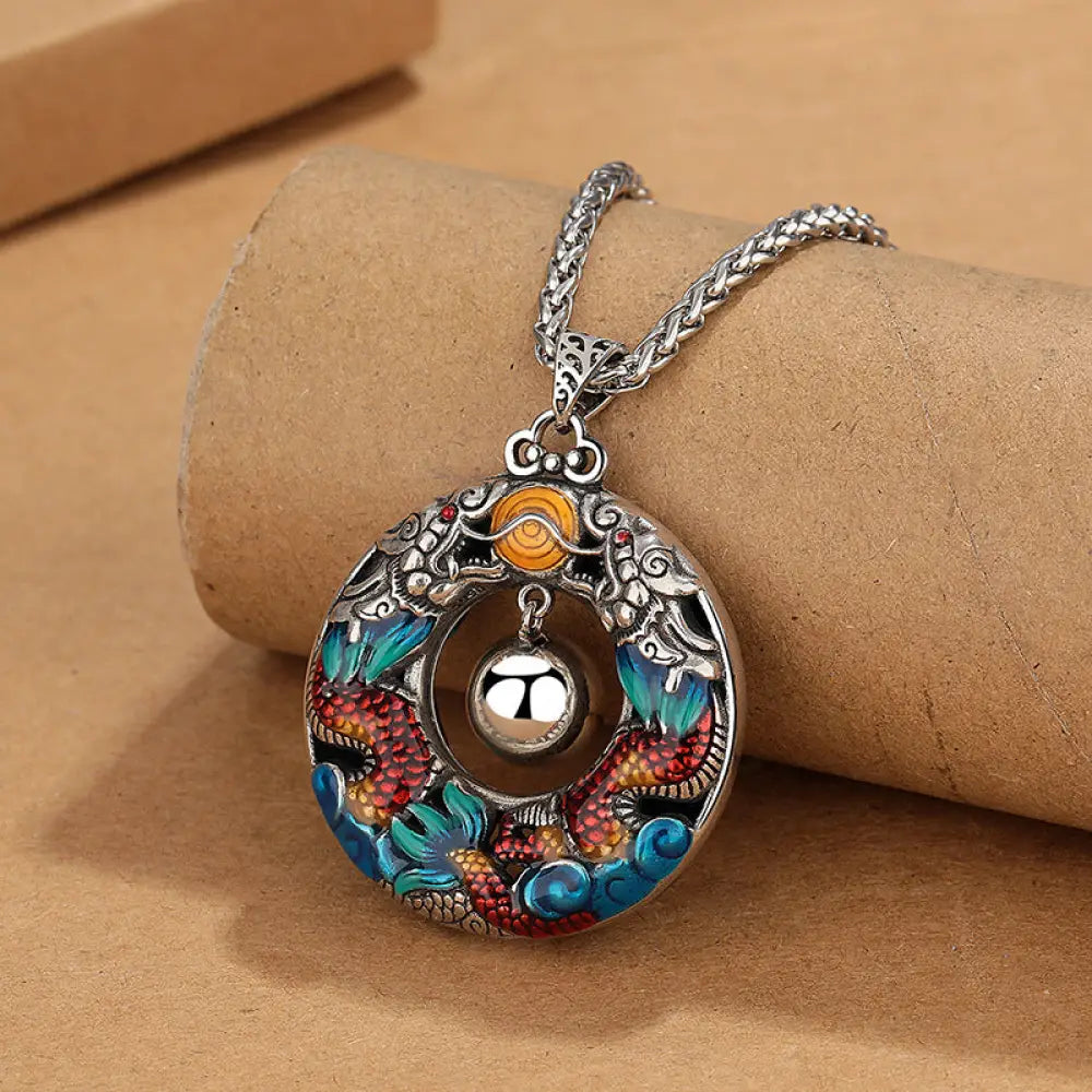 BWOOOH Year of the Dragon Colorful Double Dragons Copper Protection Necklace Pendant — 39mm copper dragon pendant for luck, strength and success