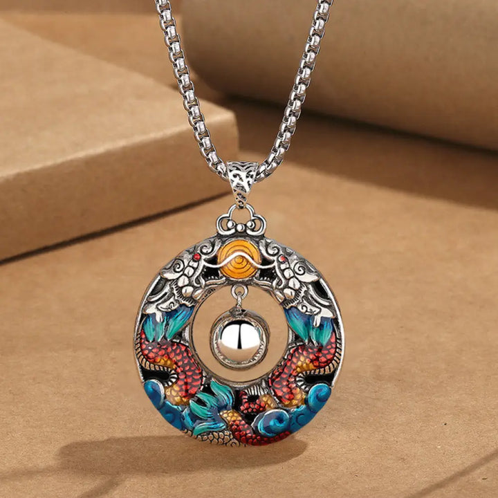 Buddha Stones Year of the Dragon Colorful Double Dragons Playing Bead Copper Protection Necklace Pendant - BWOOOH