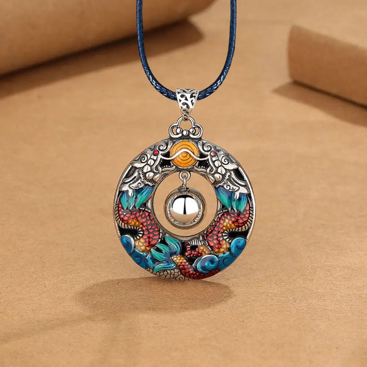 Buddha Stones Year of the Dragon Colorful Double Dragons Playing Bead Copper Protection Necklace Pendant - BWOOOH