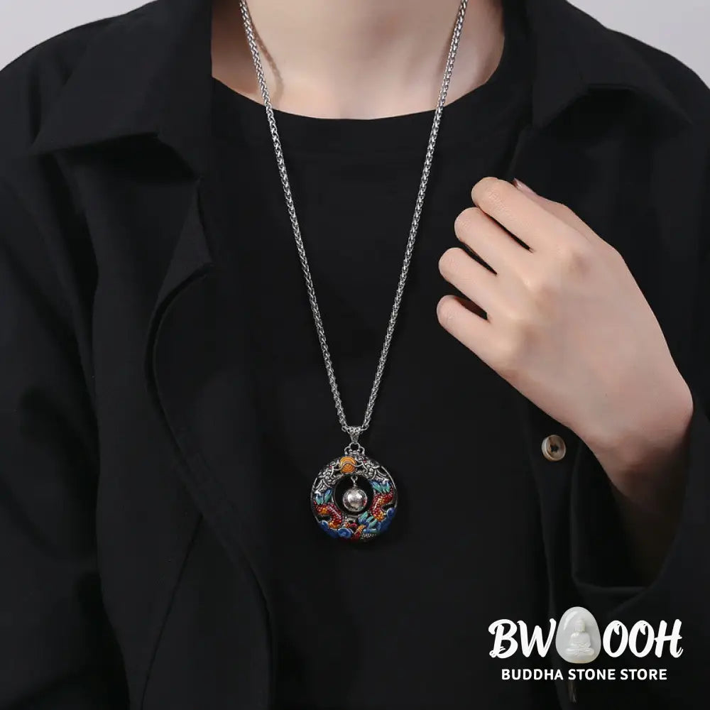 Buddha Stones Year of the Dragon Colorful Double Dragons Playing Bead Copper Protection Necklace Pendant - BWOOOH